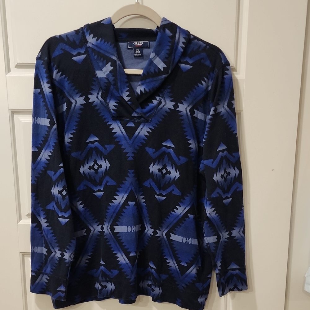 Chaps Blue and Black Geometric Cowl Neck Sweater